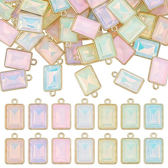 56Pcs 7 Colors Alloy Glass Pendants, Rectangle Charm, Faceted, Golden
