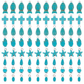 80Pcs 8 Styels Synthetic Turquoise Dyed Pendants, Fish & Teardrop & Cross, Mixed Shapes, with Platinum Plated Iron Loops