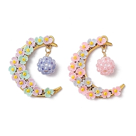 2Pcs Glass Seed Beaded Pendants, with Resin Beads and Alloy Finding, Moon
