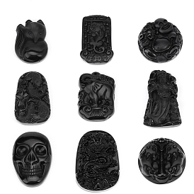 Natural Obsidian Carved Big Pendants, Buddha/Animal/Tree/Skull/Hamsa Hand