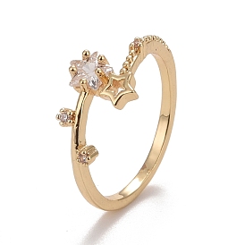 Rack Plating Brass Cubic Zirconia Rings, Long-Lasting Plated, Lead Free & Cadmium Free, Star