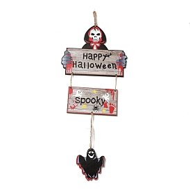 Halloween Decorations, Ghost Wooden Hanging Wall Decorations, with Jute Twine