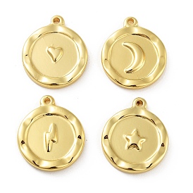 Ion Plating(IP) 304 Stainless Steel Pendants, Flat Round with Star/Moon/Heart/Lightning Bolt Charm, Real 18K Gold Plated