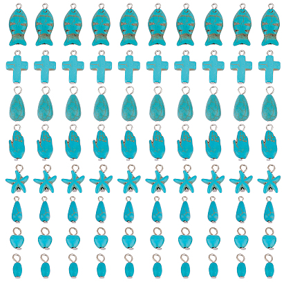 80Pcs 8 Styels Synthetic Turquoise Dyed Pendants, Fish & Teardrop & Cross, Mixed Shapes, with Platinum Plated Iron Loops