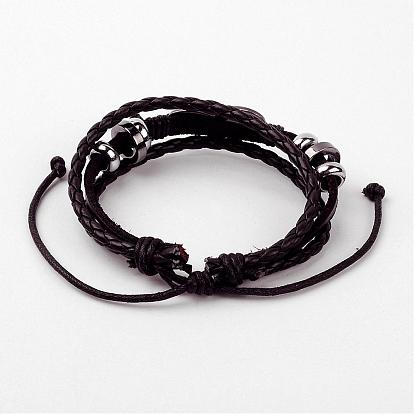 Bracelets de cordon en cuir réglable multi-brins, avec les résultats en cuir de la moelle et alliage PU, infini, argent antique