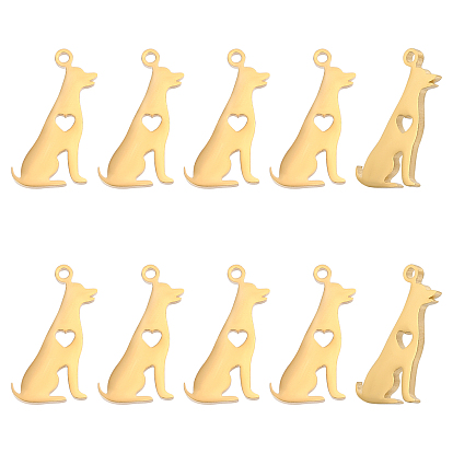 10Pcs 201 Stainless Steel Pendants, Manual Polishing, Dog with Heart