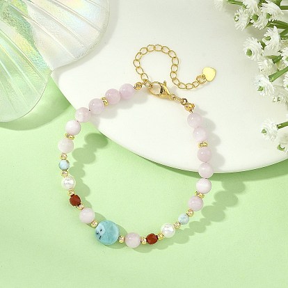 Natural Kunzite & Larimar & Red Jasper Beaded Bracelets, Round and Coin Beads Bracelets with Shell Pearl & Brass Beads