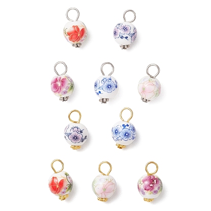 Подвески из фарфора и керамики с цветочным принтом ручной работы, с фурнитурой железной и сплавочной, круглые