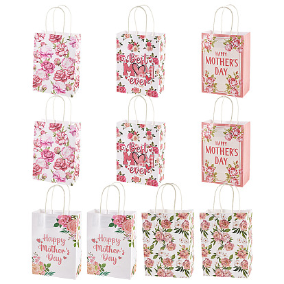 10Pcs 5 Styles Happy Mother's Day Flower Printed Paper Packing Tote Bags, Rectangle