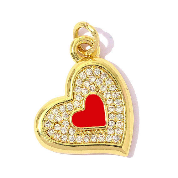 Латунные микро проложить кубического циркония подвески, шарма сердца, с эмалью, ионное покрытие (ip), долговечный, реальный 18 k позолоченный