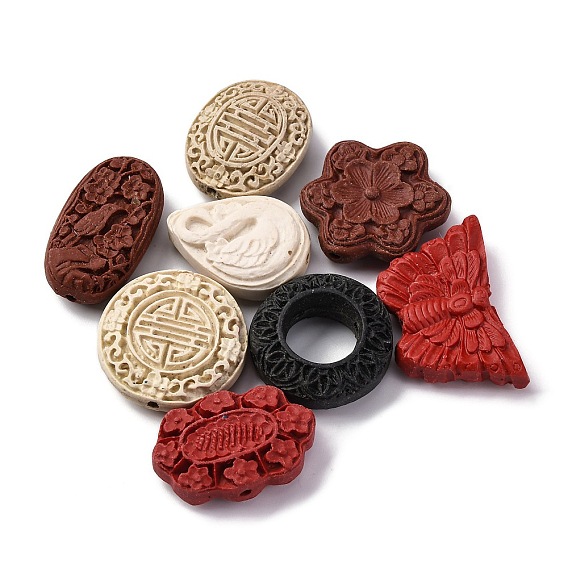 Киноварь бисера, резные лакированные, разноцветные