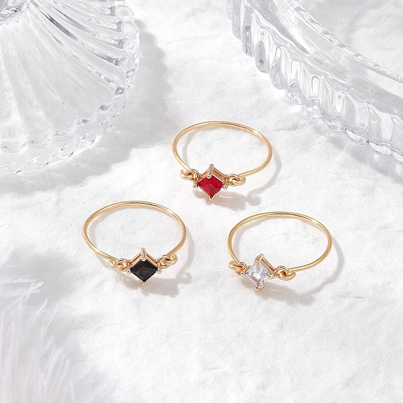 3шт 3 цвета прозрачные стеклянные кольца для пальцев, с экологически чистой медной проволокой, ромб
