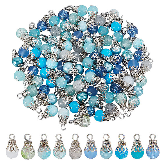 100 шт. Стеклянные подвески, круглые, с платиновыми железными колпачками бусин и петлей с плоскими головками