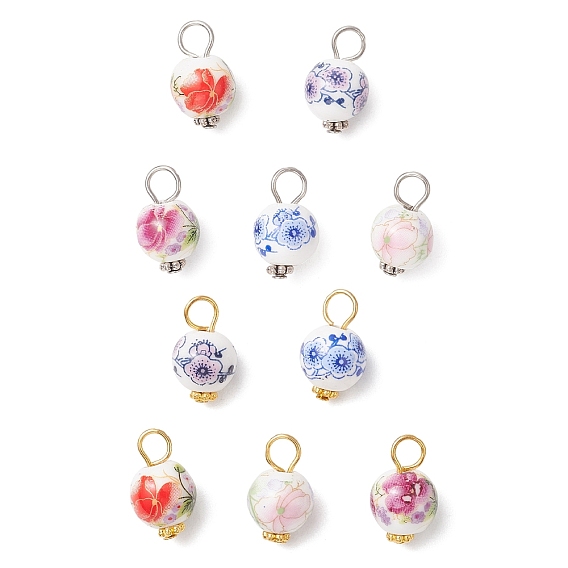 Подвески из фарфора и керамики с цветочным принтом ручной работы, с фурнитурой железной и сплавочной, круглые