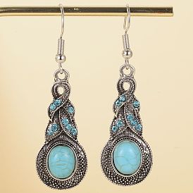 Synthetic Turquoise Dnagle Earrings, with Alloy, Jewely for Women, Antique Silver