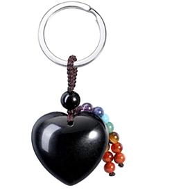 Natural Obsidian Keychain, with Platinum Plated Alloy Key Rings, Heart