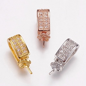 Brass Micro Pave Cubic Zirconia Peg Bails Pendants, For Half Drilled Beads, Long-Lasting Plated, Lead Free & Cadmium Free & Nickel Free, Rectangle