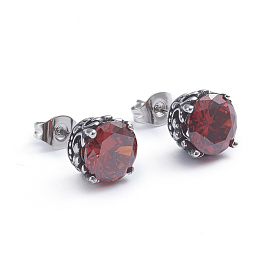 Retro 304 Stainless Steel Stud Earrings, with Cubic Zirconia and Ear Nuts, Crown, Red