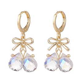 Alloy Bowknot with Glass Teardrop Dangle Leverback Earrings, Gold Plated Brass Jewelry for Women