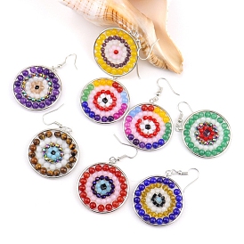 Bohemian Style Hand-woven Gemstone Dangle Earrings, Flat Round, Colorful