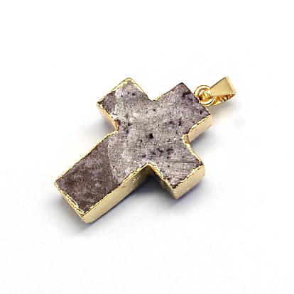 Plated  Natural  Druzy Agate Cross Pendants, with Light Gold Plated Brass Findings,34~38x23~25x7~14mm, Hole: 6x5mm