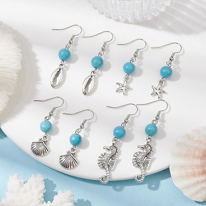 Synthetic Turquoise Beaded Dangle Earrings, Tibetan Style Alloy Ocean Theme Earrings, Mixed Shape