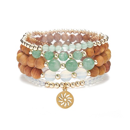 5шт 5 комплект браслетов из бисера из натурального дерева и смешанных камней, латунные браслеты с подвеской в виде солнца для женщин