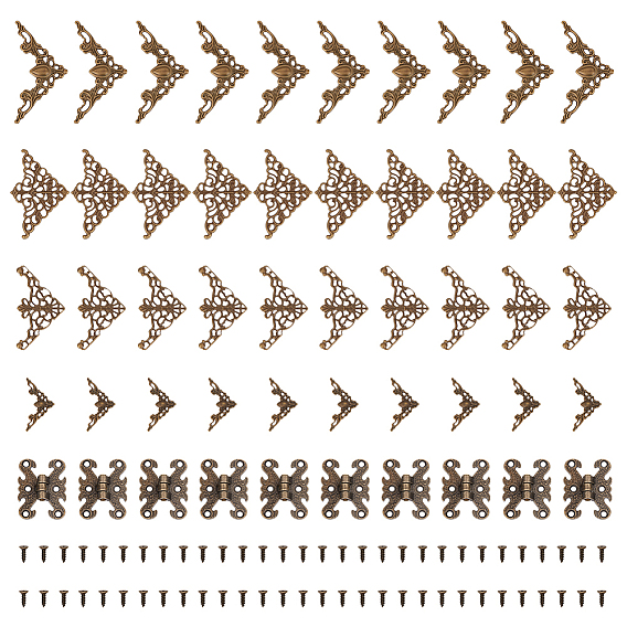 10Pcs Alloy Hinge, Wardrobe Door Accessories, with 60Pcs Screw and 40Pcs 4 Styles Tibetan Style Iron Filigree JoinersJoiners