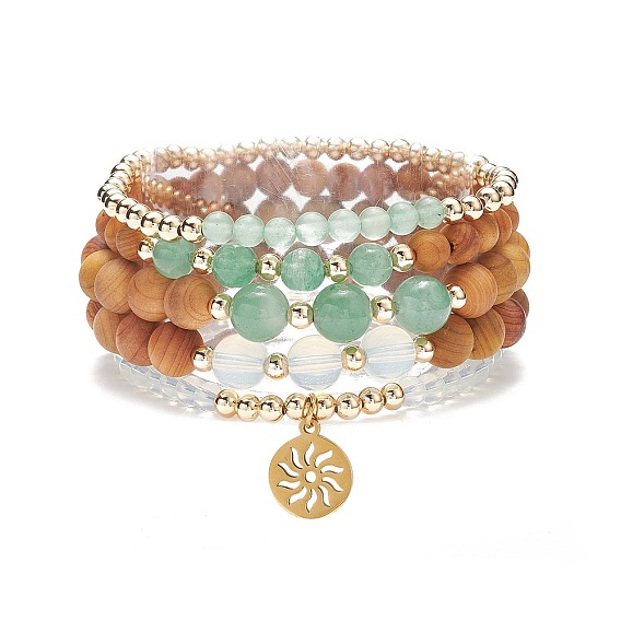 5шт 5 комплект браслетов из бисера из натурального дерева и смешанных камней, латунные браслеты с подвеской в виде солнца для женщин