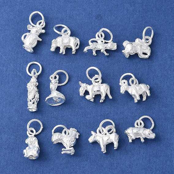 925 стерлинговое серебро 3d китайские зодиакальные подвески, с прыжковых колец, серебряный цвет гальваническим