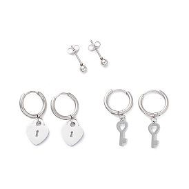 3 Pairs 3 Style 304 Stainless Steel Ball Stud Earrings, Heart Key Dangle Hoop Earrings for Women