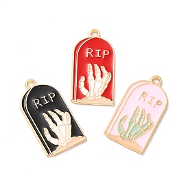 Light Gold Plated Alloy Enamel Pendants, Cadmium Free & Nickel Free & Lead Free, Tombstone with Skeleton Hand Charm