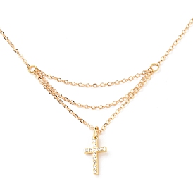 Brass Micro Pave Clear Cubic Zirconia Pendant Necklace, with 304 Stainless Steel Lobster Claw Clasps, Cross