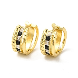 Black Cubic Zirconia Thick Hoop Earrings, Rack Plating Brass Jewelry for Women, Cadmium Free & Nickel Free & Lead Free