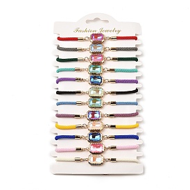 12Pcs 12 Colors Polyester Bracelets, Brass Glass Links Jewelry for Women, Rectangle