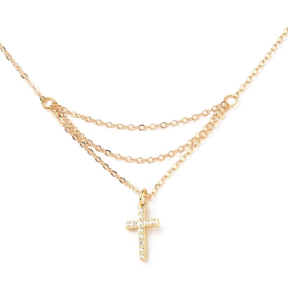 Brass Micro Pave Clear Cubic Zirconia Pendant Necklace, with 304 Stainless Steel Lobster Claw Clasps, Cross