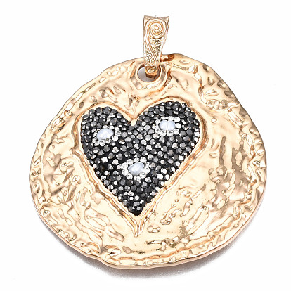 Rack Plating Alloy Rhinestone Big Pendants, with Shell Pearl Beads, Flat Round with Heart, Jet Hematite