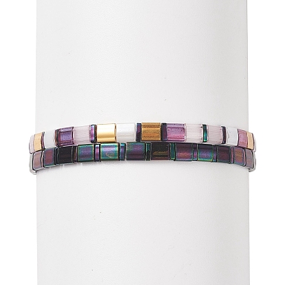 2Pcs 2 Style Glass Seed Rectangle Beaded Stretch Bracelets Set, Tile Bracelet for Women