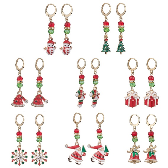 8 Pair 8 Style Glass Dangle Leverback Earrings, Golden Alloy Jewelry, Christmas Hat & Candy Cane & Tree & Snowflake & Santa Claus