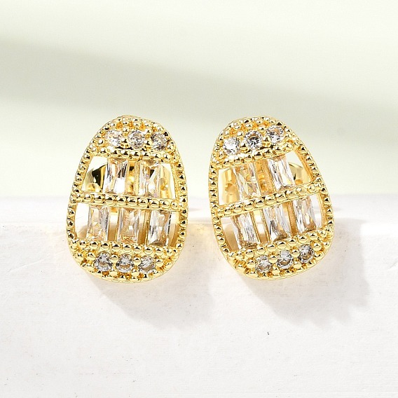 Овальные серьги-гвоздики из латуни с микропаве из прозрачных кубических цирконий, стойки покрытие, долговечный, без кадмия и без свинца