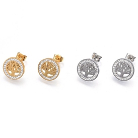 304 Stainless Steel Stud Earrings, with Polymer Clay Rhinestone, Flat Round with Tree of Life