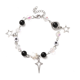 Pulseras de cuentas redondas de piedra sintética negra, con cadena de latón y colgantes de acero inoxidable, estrella