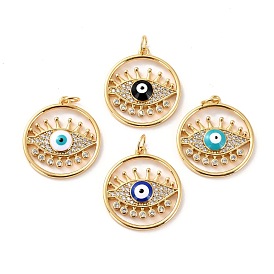 Brass Micro Pave Cubic Zirconia Pendants, with Enamel, Long-Lasting Plated, Cadmium Free & Lead Free, Real 18K Gold Plated, Flat Round with Evil Eye