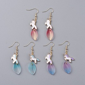 Pendientes colgantes de esmalte de aleación de unicornio, con colgante de cristal y ganchos para pendientes de latón