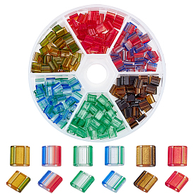Nbeads 240Pcs 6 Colors 2-Hole Glass Seed Beads, Transparent Spray Painted, Two Tone, Rectangle