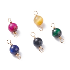 Natural Tiger Eye Links Connectors, with Real 18K Gold Plated Eco-Friendly Copper Wire, Round