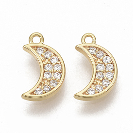 Brass Micro Pave Cubic Zirconia Charms, Nickel Free, Moon, Real 18K Gold Plated