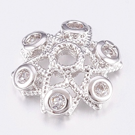 Brass Micro Pave Cubic Zirconia Bead Caps, Cadmium Free & Lead Free, 6-Petal, Platinum