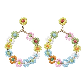 Woven Flower Glass Seed Beads Dangle Earrings, 304 Stainless Steel Stud Earring for Women