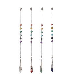 Mixed Natural Gemstone Pointed Dowsing Pendulums, Bullet Charm, with Dyed & Frosted Natural Agate, Stainless Steel Chain, Alloy Lobster Claw Clasp